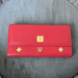 Gorgeous MCM red w/ gold hw wallet long trifold clear ID slot preloved